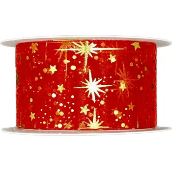 Stuha Vánoční stuha organzová ORGANDY STARS červená 40mm x 3m (13,-Kč/m) (Vánoční stuha, organzová, transparentní, zlatý potisk)