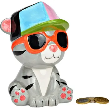 Žertovný předmět Keramická pokladnička kočka s kšiltovkou