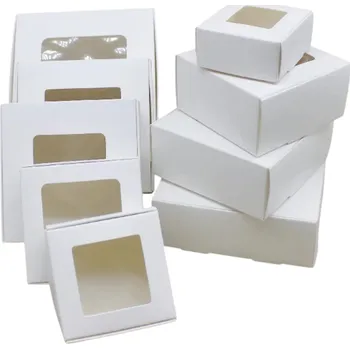 10 ks Dárkové krabičky 9,5 x 9,5 x 3 cm Kraftové papírové boxy s průhledným okýnkem Různé barvy Obaly na cukroví, šperky a drobné dárky bílá