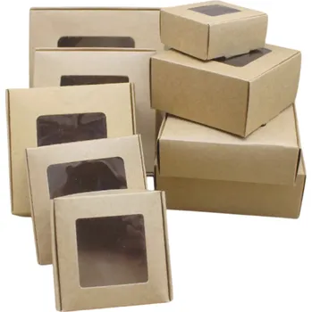 10 ks Dárkové krabičky 9 x 9 x 4 cm Kraftové papírové boxy s průhledným okýnkem Různé barvy Obaly na cukroví, šperky, svíčky a malé dárky hnědá