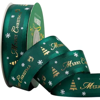 Balící papír Vánoční stuha 2,5 cm x 5 m Zelená polyesterová stuha s potiskem pro dárkové balení, dekorace, dorty, kytice, vánoční výzdobu a kreativní tvoření