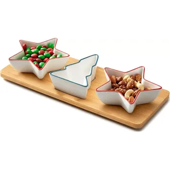 Porcelánové mističky na občerstvení na bambusovém podnosu, 4dílná sada