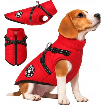 Obleček pro psa BUNDA OBLEČEK PRO PSA VESTA TEPLÁ ZIMNÍ ČERVENÁ S POSTROJEM - M