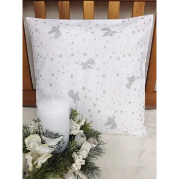 Povlak na dekorativní polštářek Povlak na polštář 40 x 40 cm – stříbrní andílci na bílé | Ruční výroba z bavlny