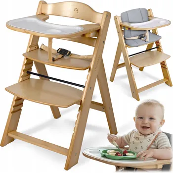 Dřevěná jídelní židlička s táckem, robustní, nastavitelná, s bezpečnostními pásy Nukido