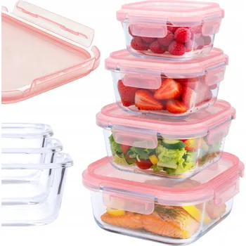 Dóza na potraviny 4x OBĚDOVÝ BOX Čtvercové SKLENĚNÉ NÁDOBY NA POTRAVINY Žáruvzdorné Hermetické