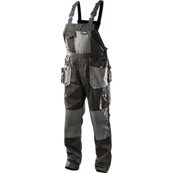 montérky Pracovní kalhoty s laclem NEO TOOLS černé bavlněné, velikost L, prodloužené