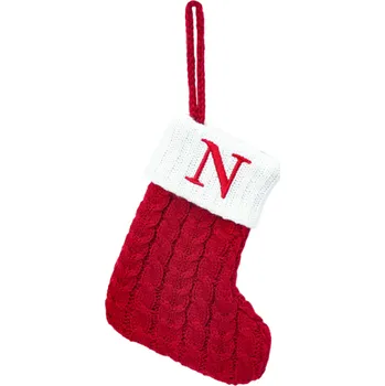 Vánoce Vánoční punčocha 15 x 25,7 cm Červená dekorativní ponožka s bílým okrajem a poutkem na zavěšení Vyšívané písmeno N Vánoční dekorace