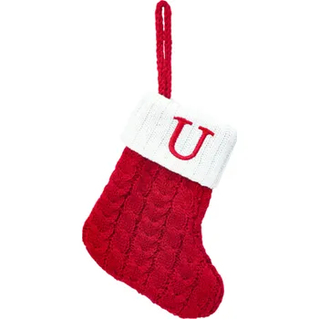 Vánoční dekorace Vánoční dekorativní ponožka 15 x 25,7 cm Červená s bílým okrajem a provázkem na zavěšení Vyšívané písmeno U Textilní ozdoba