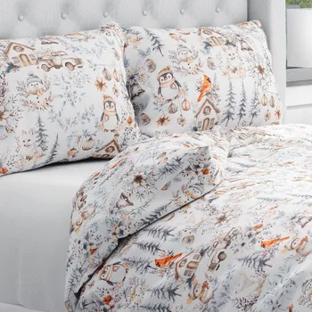 Povlečení Bavlněné ložní povlečení Sandra SA-708 Zimní pohádka modro-šedo-hnědá na bílém Prodloužené 140x220 a 70x90 cm
