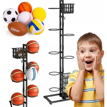 Úložný box Stojan na míče pro 7 míčů s košem - fotbal, držák organizér dárek černý