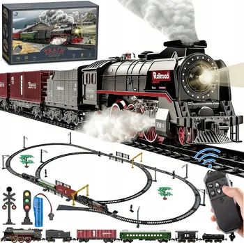Vláček a vláčkodráha ELEKTRICKÁ VLÁČKODRÁHA NA DÁLKOVÉ OVLÁDÁNÍ, LOKOMOTIVA, VELKÁ TRASA, DÝM + PILOT