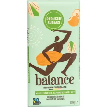 Čokoláda Belgická čokoláda BALANCE 100 g BEZ PŘIDANÉHO CUKRU - MLÉČNÁ s PISTÁCIEMI, MANDLEMI a OŘÍŠKY (čokoláda KLINGELE / bez přidaného cukru / reduced sugars)