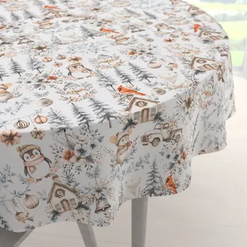 ubrus Bavlněný kulatý ubrus Sandra SA-708 Zimní pohádka modro-šedo-hnědá na bílém Ø 50 cm