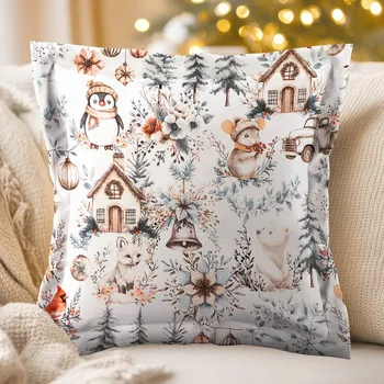 Povlak na polštářek Bavlněný povlak na polštář s lemem Sandra SA-708 Zimní pohádka modro-šedo-hnědá na bílém 40 x 40 cm