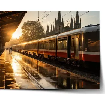 Plakát Sablio Plakát Vlak na nádraží při východu slunce - 90x60 cm