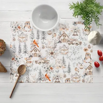 prostírání Bavlněné prostírání na stůl Sandra SA-708 Zimní pohádka modro-šedo-hnědá na bílém 30x40 cm