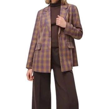 Dámské sako HNĚDÉ SAKO DLOUHÝ RUKÁV FIALOVO-ORANŽOVÁ KOSTKA KNOFLÍK M
