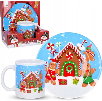 Hrnek Cadro Hrnek 325 ml s talířkem 20 cm, vánoční, kamenina, 325 ml