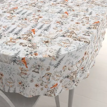 ubrus Bavlněný oválný ubrus Sandra SA-708 Zimní pohádka modro-šedo-hnědá na bílém 60x100 cm