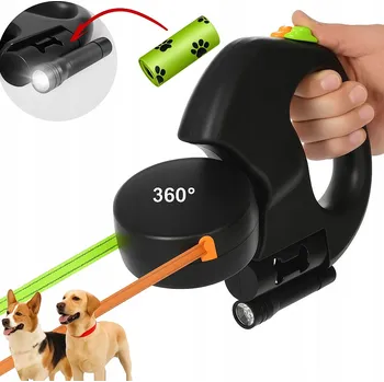 Vodítko pro psa VODÍTKO PRO PSA DVOJITÉ AUTOMATICKÉ PRO 2 PSY S BLOKOVÁNÍM SVÍTILNA SÁČKY 3M