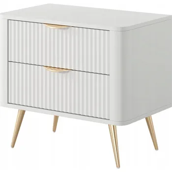 Noční stolek Bílá noční stolek LANTE - 2 zásuvky, rýhované čela, zlaté úchyty