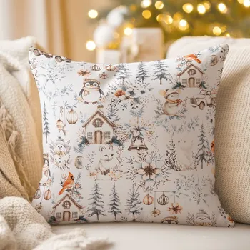 Povlak na dekorativní polštářek Bavlněný povlak na polštář Sandra SA-708 Zimní pohádka modro-šedo-hnědá na bílém 40 x 60 cm