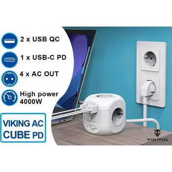 Napájecí kabel Prodlužovací Kabel přívod Viking VACCUBEPD 1,8 m, 4 zásuvky 230V, 2x USB, 1x USB-C