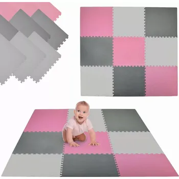 Humbi pěnová podložka puzzle 9 ks růžová, grafitová a šedá 180 × 180 × 1 cm