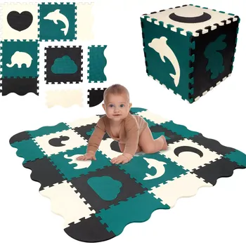 Hrací deka Humbi pěnová hrací podložka a ohrádka 3v1, 120 × 120 cm, zvířátka, černá/krémová/tmavě zelená