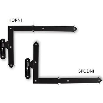 pant kování s čepem rohové zdobené PD225, horní - selský úhlový pant s čepem ø 27 mm, ozdobný, 650 x 400 mm, profil 50 x 5 mm, horní, spodní, černá barva