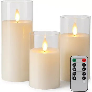 Svíčka Nakida BK 544 – sada 3 bezplamenných LED svíček ve skle, časovač a dálkové ovládání, teplé světlo, dekorace, bílá (bezplamenné LED svíčky | sada 3 ks | skleněné válce | dálkové ovládání | časovač 2h/4h/6h/8h | stmívání | teplé žluté světlo | dekorace domů