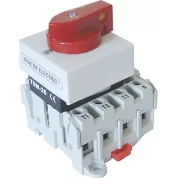 Jistič Bezpečnostní vypínač upevnitelný na DIN-lištu Tracon TSM-32/4 400V, 50Hz, 32A, 4P, 7,5kW, 55,5×55,5mm (Tracon TSM-32/4)