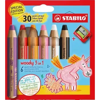 Výtvárné potřeby Víceúčelové pastelky STABILO woody 3 in 1, sada 6ks s ořezávátkem Unicorn