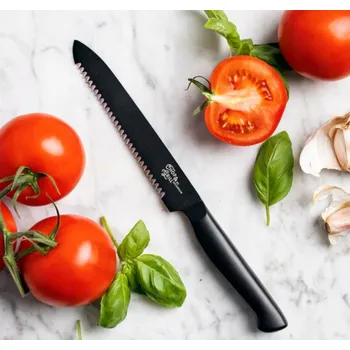 Kuchyňský nůž Nůž na nářadí s vroubkovanou čepelí, černý, masivní nerezová ocel 13 cm