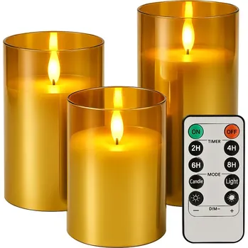 Svíčka Nakida BK 543 – sada 3 bezplamenných LED svíček ve skle, časovač a dálkové ovládání, teplé světlo, dekorace, zlatá (bezplamenné LED svíčky | sada 3 ks | skleněné válce | dálkové ovládání | časovač 2h/4h/6h/8h | stmívání | teplé žluté světlo | dekorace dom