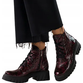 Dámská zimní obuv KOTNÍKOVÉ BOTY Bordó KOŽENÉ Dámské Lakované Módní S Profilovanou Podrážkou vel. 38