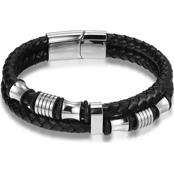 Náramek B-TOP Pánský dvouřadý kožený náramek s ocelovými korálky