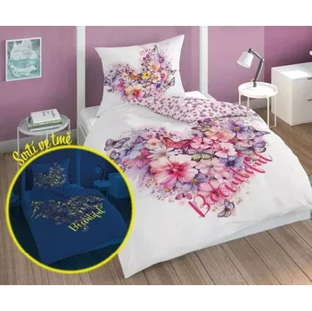 Povlečení Svítící povlečení KVĚTINOVÉ SRDCE – oboustranné, 100% bavlna 140×200 / 70×80 cm (NOVINKA 2025)