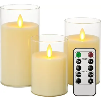 Svíčka Nakida BK 542 – sada 3 bezplamenných LED svíček ve skle, časovač a dálkové ovládání, teplé světlo, dekorace, slonovinová kost (bezplamenné LED svíčky | sada 3 ks | skleněné válce | dálkové ovládání | časovač 2h/4h/6h/8h | stmívání | teplé žluté světlo |)