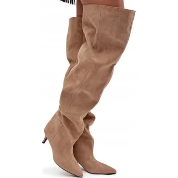 Dámské kozačky DÁMSKÉ KOZAČKY EKO SEMIŠ NÍZKÝ PODPATEK ŠIROKÉ NA NAZUTÍ BÉŽOVÉ 37