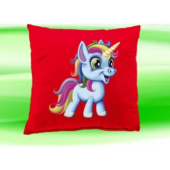 Dekorativní polštářek polštář jednorožec 35x35 cm červený (dětský polštářek s jednorožcem)