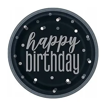 Talíř Talířek Papírový talíř 22 cm 8 ks Happy Birthday černý Narozeniny Party