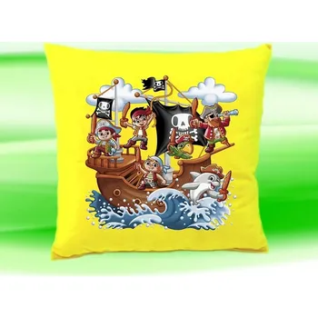 Dekorativní polštářek Polštářek piráti námořníci koráb loď žlutý (dětský polštář 35x35 cm s piráty)