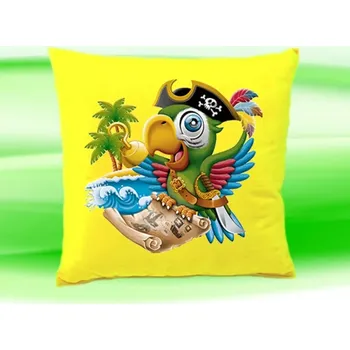 Dekorativní polštářek Polštářek papoušek pirát žlutý (dětský dětský polštář 35x35 cm s papouškem pirátem)