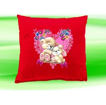 Dekorativní polštářek Polštářek medvídek s králíčkem červený (dětský polštář 35x35 cm)