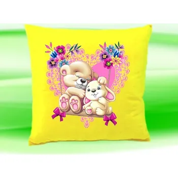 Dekorativní polštářek Polštářek medvídek s králíčkem žlutý (dětský polštář 35x35 cm)