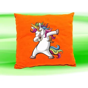 Dekorativní polštářek Polštářek tančící jednorožec oranžový (dětský polštář 35x35 cm s jednorožcem)