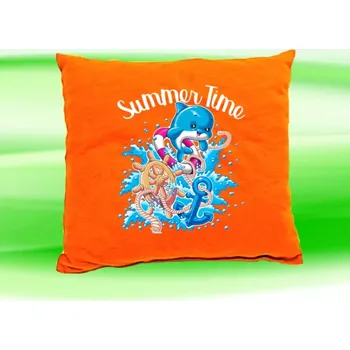 Dekorativní polštářek Polštářek s delfínem čas léta oranžový (dětský polštář 35x35 cm s delfínem)