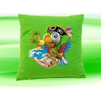 Dekorativní polštářek Polštářek papoušek pirát zelený (dětský dětský polštář 35x35 cm s papouškem pirátem)